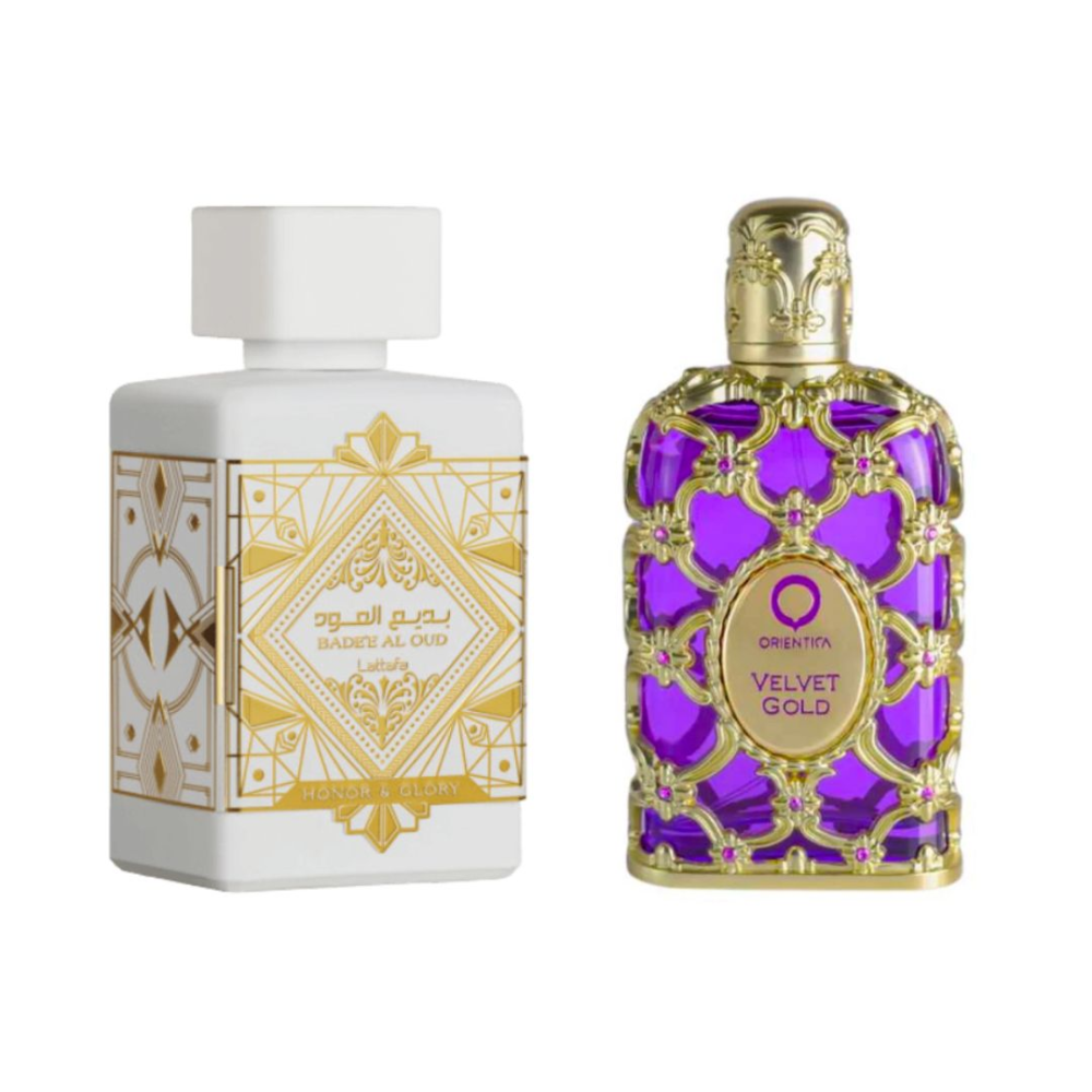 Perfumes 1.1 Lattafa Badee Al Oud y Oriéntica Velvet Gold
